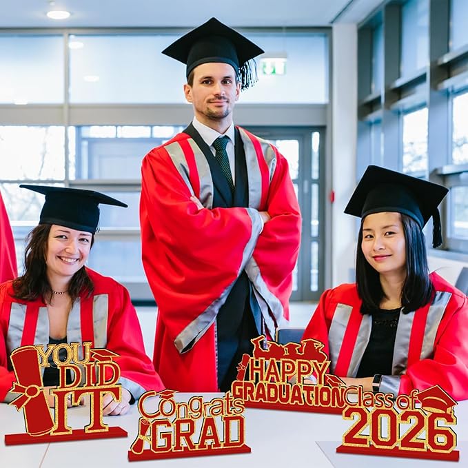 4Pcs Red and Gold Graduation Decorations Class of 2026 Congrats Grad Wooden Table Centerpieces Grad Table Toppers Congratulate Tiered Tray Decor for 2026 Graduation Decorations