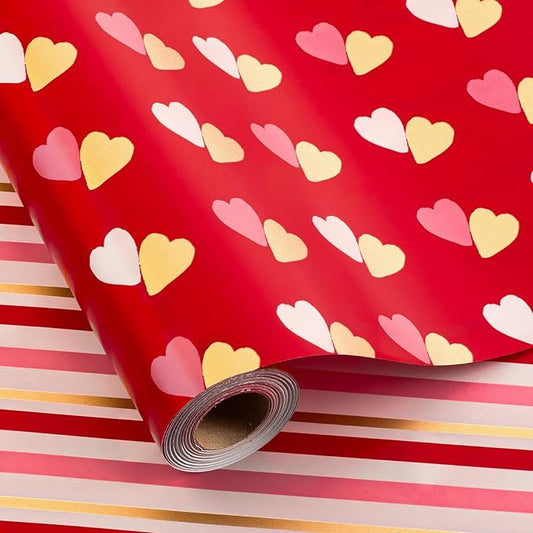 MAYPLUSS Reversible Valentine's Day Wrapping Paper Roll - 17 Inch X 33 Feet - Red Gold Foil Double Love Heart Design Lover Gift Wrap for Valentine’s Day, Birthdays, Wedding, Anniversaries and Holiday