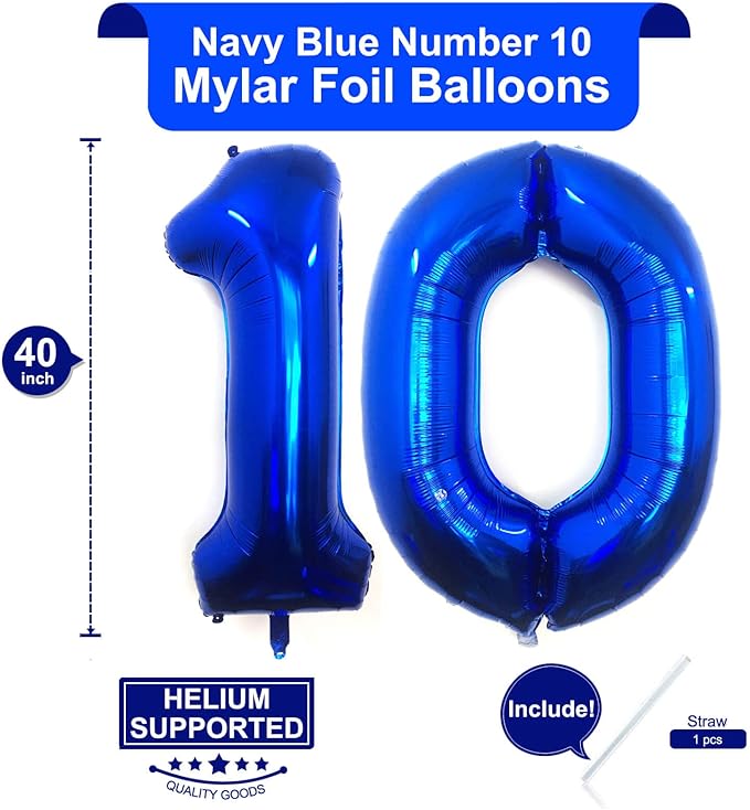 40 Inch Navy Blue 10 Number Balloons Giant 10 Balloons Navy Blue Birthday 10 Balloons 10th Birthday Anniversary Events Party Decorations Supplies