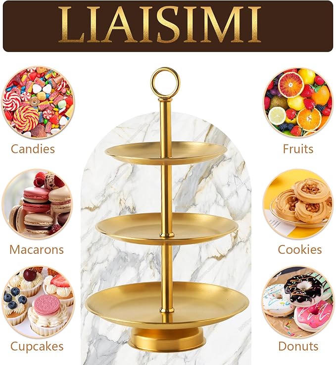 3 Tier Gold Metal Cupcake Stand Holder,Stainless Steel Cup Cake Stand Tower with Tiered Serving Tray and Base for Parties,Weddings,Birthdays and Any Festivals and Celebrations(with Base)