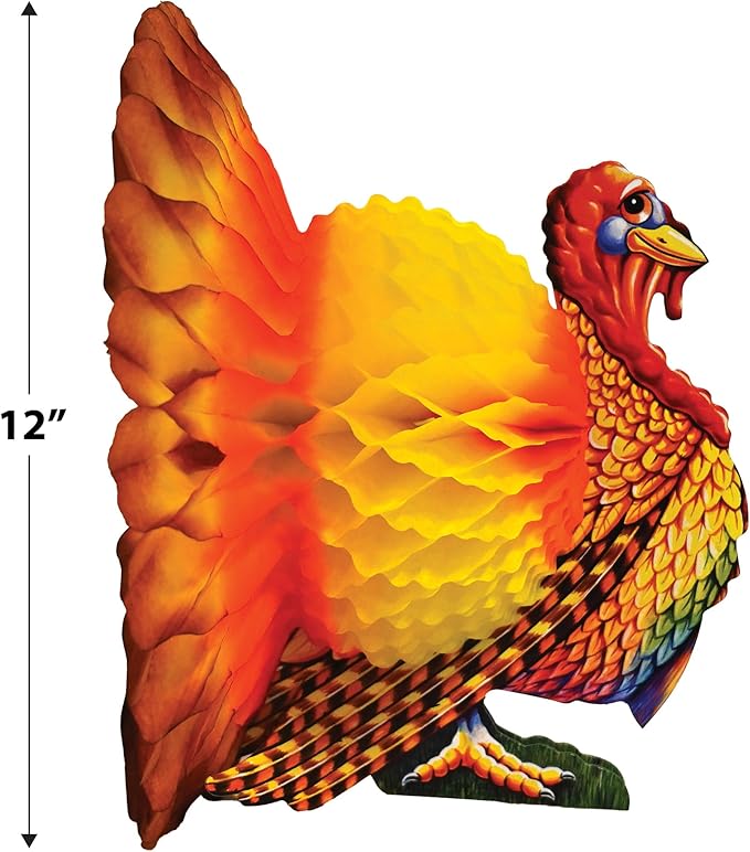 Beistle Tissue and Paper Turkey Centerpiece for Thanksgiving Decorations-Autumn Fall Harvest Home Décor, 12", Brown/Red/Orange/Yellow