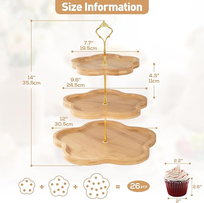 DUJUST Elegant 3-Tier Wooden Cupcake Stand with Flower-Shaped Design, Rustic Bamboo Tiered Serving Tray for Cupcake, Desserts, Tea Party, Wedding, Farmhouse & Kitchen Decor, Easy to Install & Clean