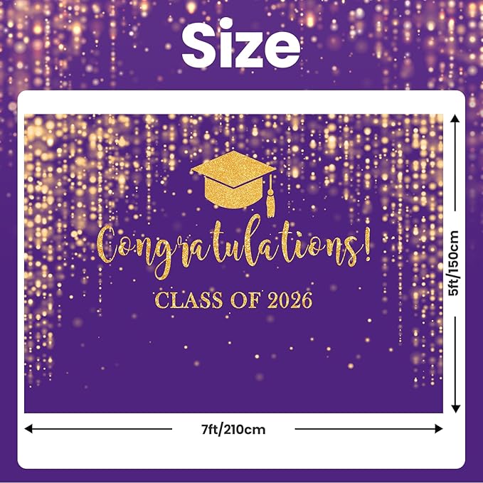 Mocsicka Class of 2026 Backdrop Purple Gold Glitter Bokeh Graduation Party Background 2026 Congrats Grad Prom Party Cake Table Decoration Photo Booth Props (7x5ft)