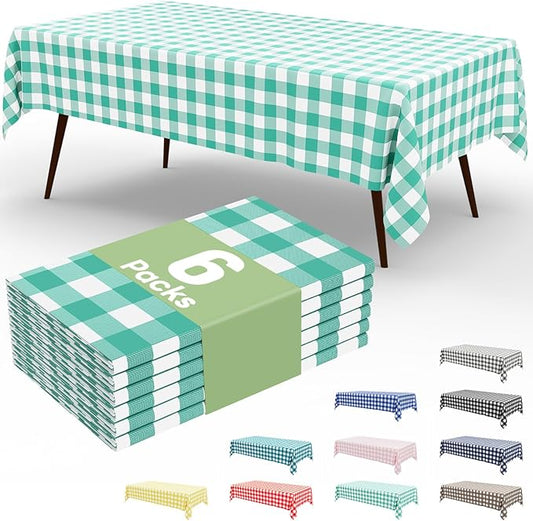 Smiry 6 Pack Teal Gingham Disposable Tablecloths - 54" x 108" Heavy Duty Plastic Table Cloth, Waterproof Buffalo Plaid Table Covers for Picnic, Banquets, Outdoor Parties