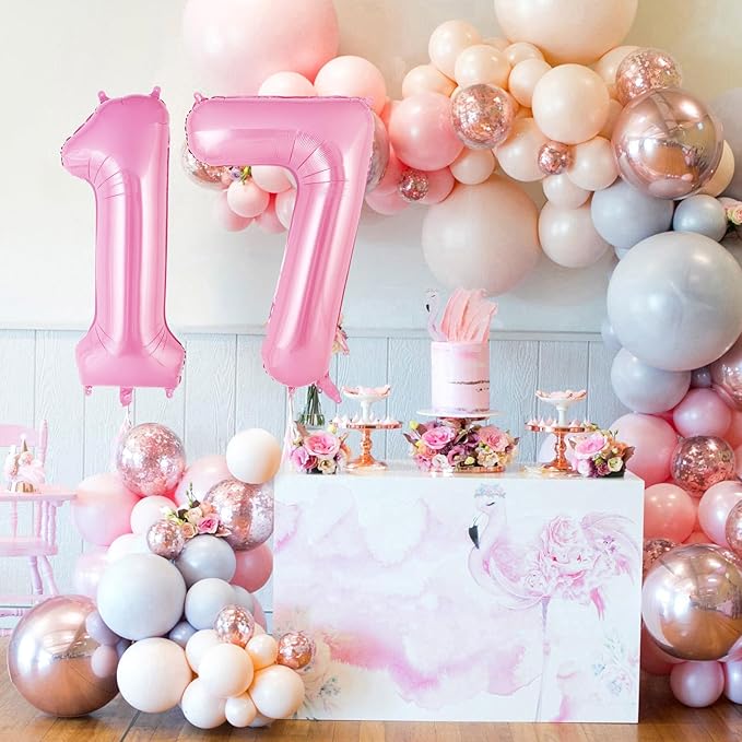 Pink Number 17 Balloons, Big Large Foil Number Balloons, Jumbo Giant Mylar Balloons for Birthday Party Decorations Supplies Anniversary (Number 17)