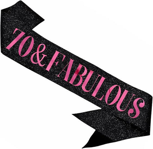 70 & Fabulous Sash, Funny 70th Birthday Sash for Women 70th Bday Party Photo Prop Favors Suppiles, Pink Foil Letter, Glitter Black