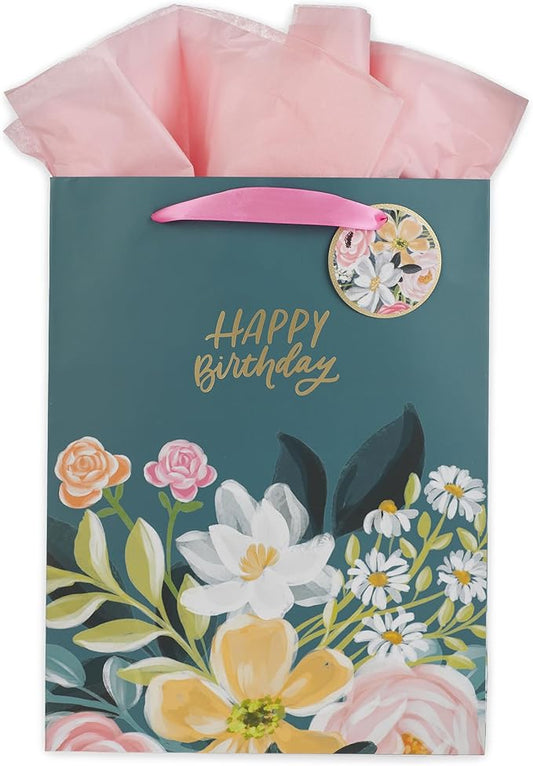Christian Art Gifts Large Portrait Inspirational Gift Bag, Tag & Wrapping Tissue Paper Set for Women: Golden Happy Birthday Greeting, Cute Sturdy Satin Ribbon Handles, Dark Teal & Multicolor Floral