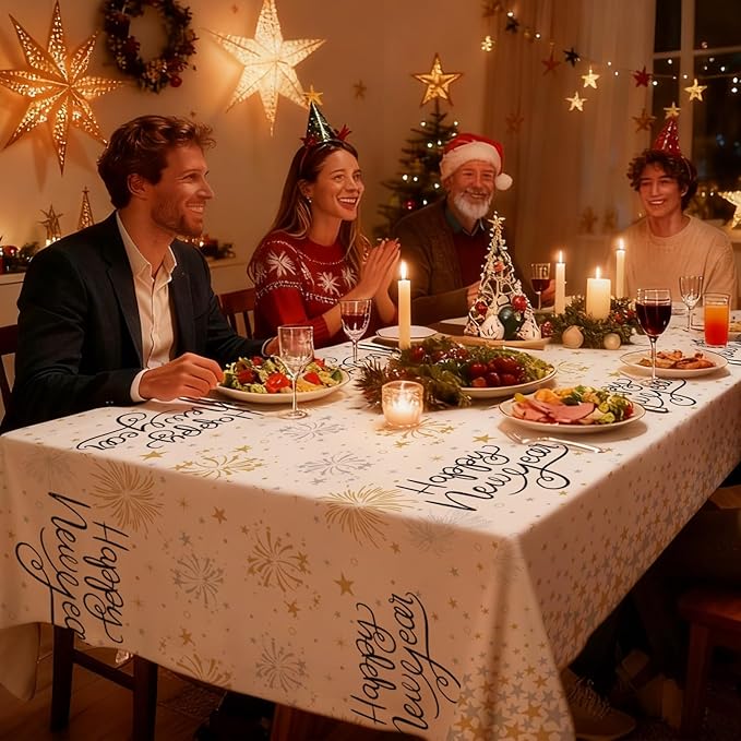 6 Pack Happy New Year Tablecloths Premium Disposable Plastic Tablecloth 54" x 108" Table Cloths for 6 to 8 Foot Tables New Years Eve Parties Decoration Supplies (New Year White)