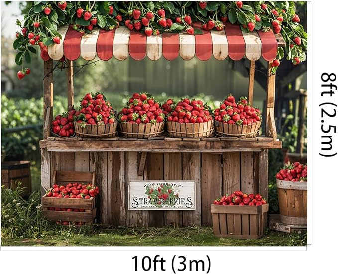 Kate 10x8ft Red Strawberry Backdrops for Photography Summer Fruit Shop Background Pick Your Own Strawberry Backgrounds Baby Birthday Party Banner Studio Backdrop