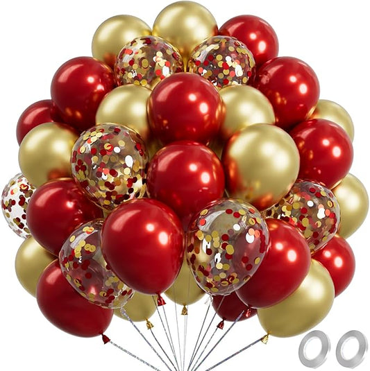 Metallic Shiny Red and Gold Balloons 12 Inch 67PCS Red Gold Confetti Balloons Latex Helium Balloon Set for Graduation Anniversary Wedding Birthday Party Decorations