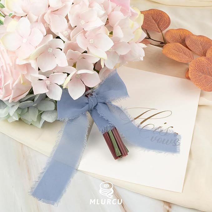 Periwinkle Blue Chiffon Ribbon 1-1/2 Inch x 21Yards Dusty Blue Chiffon Silk Ribbon Handmade Fringe Boho Frayed Ribbon for Gift Wrapping, Wedding Invitation, Bridal Flower Bouquets