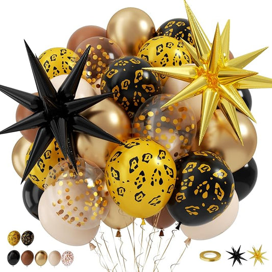 Cheetah Print Balloon, 12 Inch Black Brown Gold Balloons with Leopard Print Balloons Star Foil Balloons Leopard Jungle Animal Decorations for Cheetah Theme Birthday Cherry Vintage Party Supplies