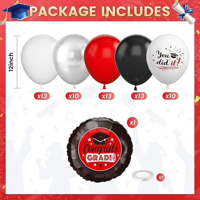 Red Black Silver Graduation Balloons, 60pcs Red Silver Black White Printed Balloons, Congrats Grad Foil Balloon for Graduation 2026 Decorations Celebration Anniversary Party Supplies