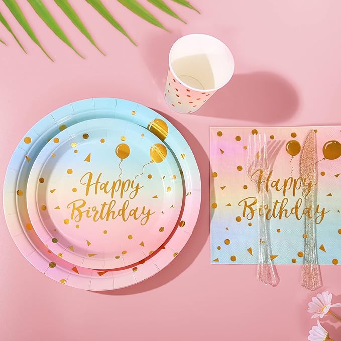 200 Pcs Pastel Party Supplies Birthday Party Plates and Napkins Sets,Disposable Pastel Birthday Plates - Rainbow Paper Plates Napkins Cups for Birthday Baby Shower Party Decorations
