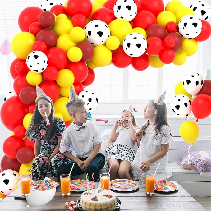 Red, Yellow, Brown Balloons, 122PCS Cow Print Balloon Red Yellow Balloon Garland Arch Farm Animals Birthday Decorations for Cowgirl Cowboy Baby Shower Wedding Birthday Party Supplies