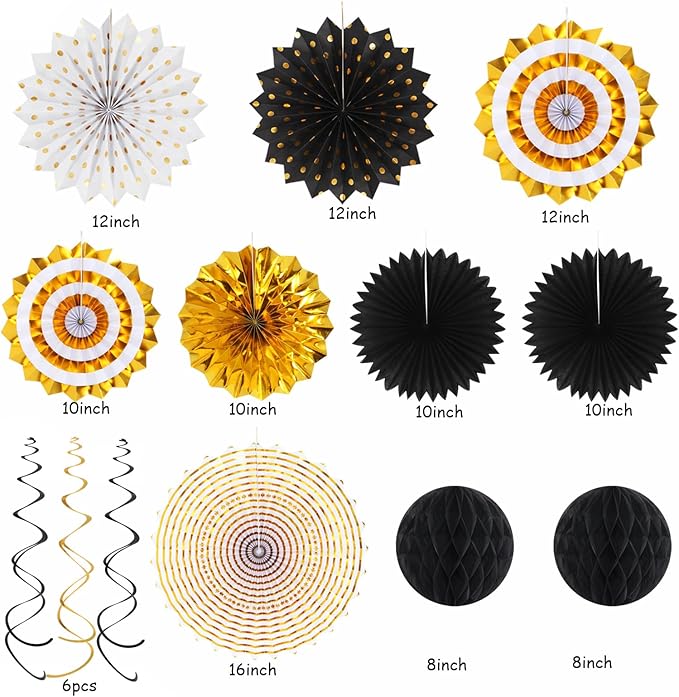 Black Gold Party-Decorations Graduation Banner-Streamers - 18pcs Kits Class of 2026 Garland, Paper Tissue Pom Poms Fan, Honeycomb Lanterns Congrate Grad Congratulations Decor Panduola