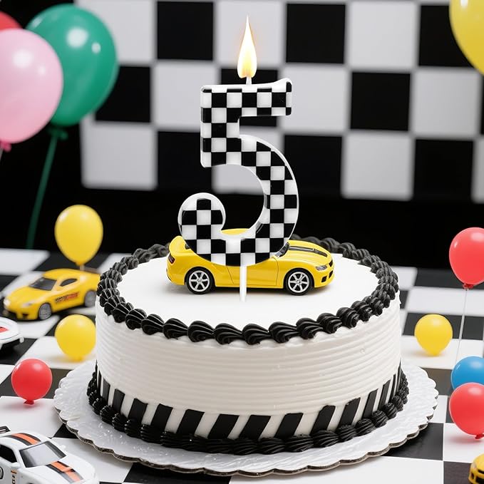 Racing Car Themed Birthday Candles, Number 5 Checkered Candles, Black & White Checkered Cake Decoration, Car Cake Topper for Party Decoration Theme Party Supplies