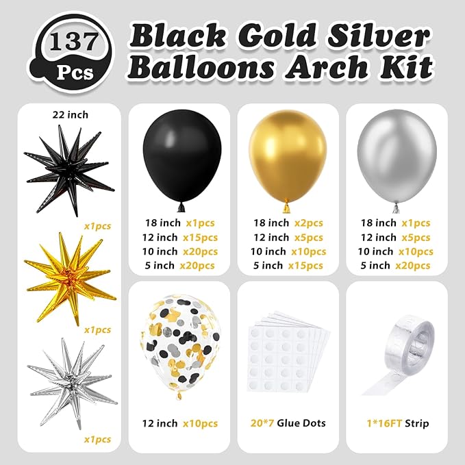 137Pcs Black Gold and Silver Balloons Garland Arch Kit with Stars - 5 10 12 18 inch Black Gold Silver Latex Party Balloons for New Year Birthday 2026 Graduation Retirement Party Decoration