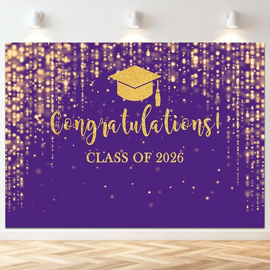 Mocsicka Class of 2026 Backdrop Purple Gold Glitter Bokeh Graduation Party Background 2026 Congrats Grad Prom Party Cake Table Decoration Photo Booth Props (10x7ft)