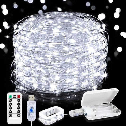Aogist 50LED Fairy Lights 16ft Dual Power(USB/Battery) with Remote & Timer, 8 Modes Flexible Copper Wire Waterproof String Lights for Outdoor Christmas Wedding Bedroom Party Decor-1 Pack,White