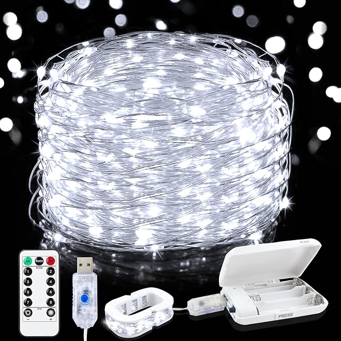 Aogist 2-Pack 50LED Fairy Lights 16ft Dual Power(USB/Battery) with Remote & Timer, 8 Modes Flexible Copper Wire Waterproof String Lights for Outdoor Christmas Wedding Bedroom Party Decor,White