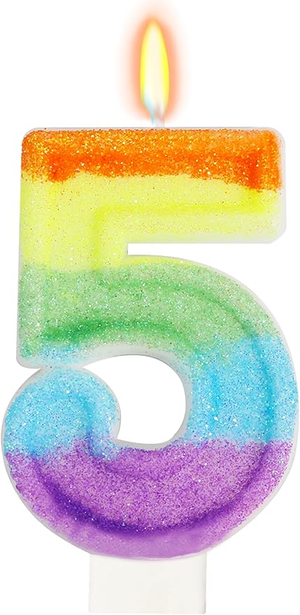 Rainbow Candles for Birthday Cakes, Rainbow Themed Cake Topper Birthday Party Decorations, 5th Number Candle (Number 5)