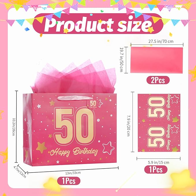 Powbrace 13" Pink 50th Birthday Gift Bag with Tissue Paper and Greeting Card for Party,Happy Birthday Gift Bag for Men Women,Gift Bags Medium size(1 Pink 50th)