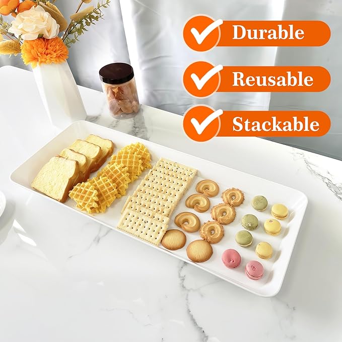 Serving Tray Platter Rectangle, 2 Pcs Long Narrow Food Tray for Veggie Fruit Snack Dessert, Plastic White Food Trays for Party Supplies Display, Rectangular Platters for Serving Food, BPA Free