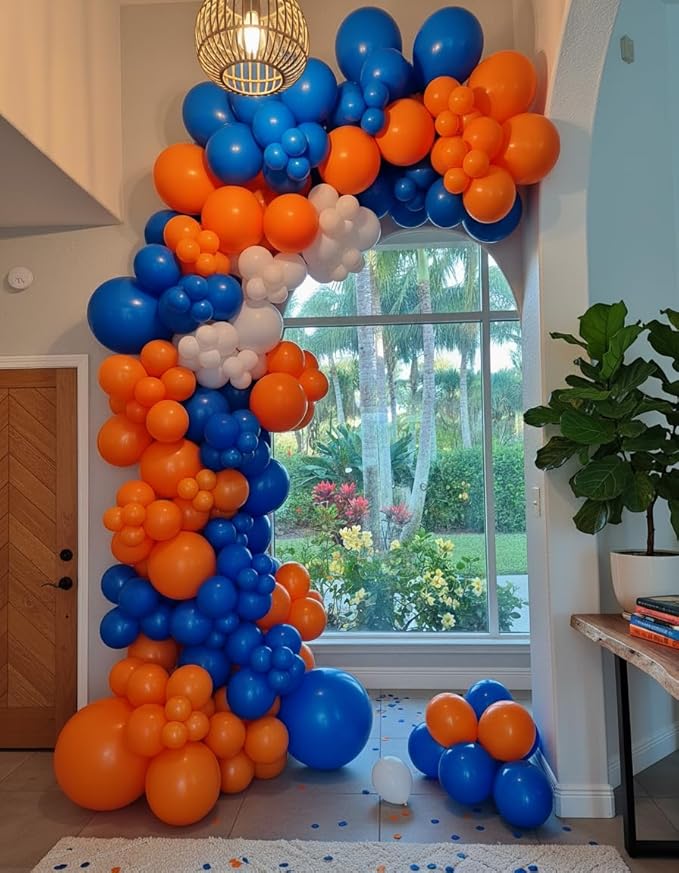 Blue and Orange White Balloon Arch Kit, 145Pcs Royal Blue Orange WhiteBalloon Garland kit, Different Size Balloons for Girl Birthday Anniversary Baby Shower Graduation Prom Party Decorations