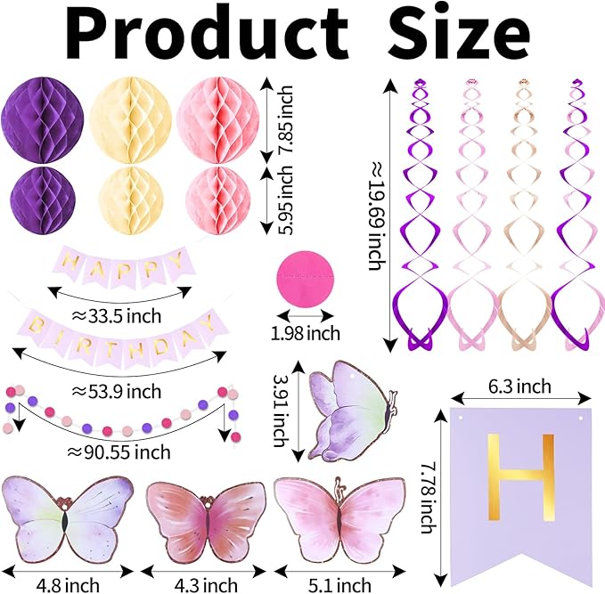 Happy Birthday Banner with Honeycomb Balls, Butterfly Hanging Swirl Streamers, Circle Dots Garland, Happy Birthday Party Decorations for Women Girls