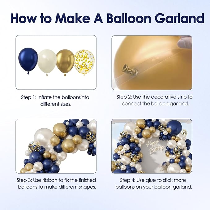 Navy Blue Gold White Balloons Arch Kit -129pcs Double Stuffed Royal Blue Chrome Gold Pearl Sand White Confetti Balloons Garland for Graduation Fathers Day Birthday New Year Wedding Party Decorations