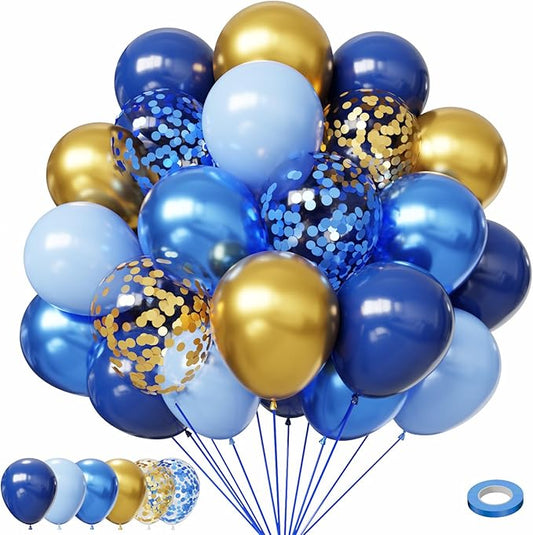 Blue and Gold Balloons, 50Pcs Blue balloons,12 Inch Navy Blue and Metallic Gold Balloons for Birthday Graduation Wedding Retirement