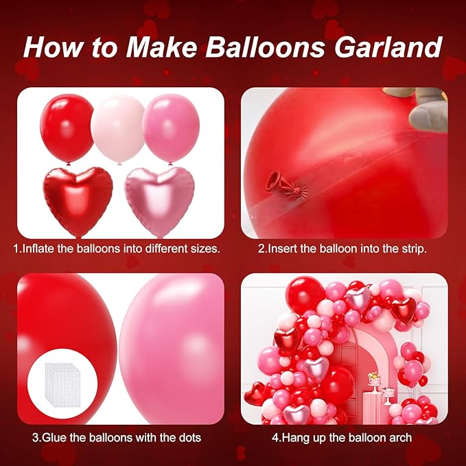 Red and Pink Valentine's Day Balloons Arch Kit Garland, 131Pcs Pink and Red Balloons Arch Different Size for Girls Anniversary Birthday Wedding Valentines Day Party