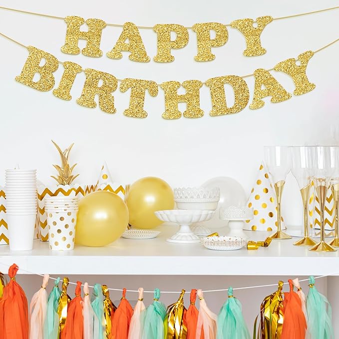 Gold Happy Birthday Banner Birthday Party Decorations Happy Birthday Banner Bunting Garland Sign for Kids Boys Girls Adults Birthday Baby Shower Celebration Party Backdrops Supplies