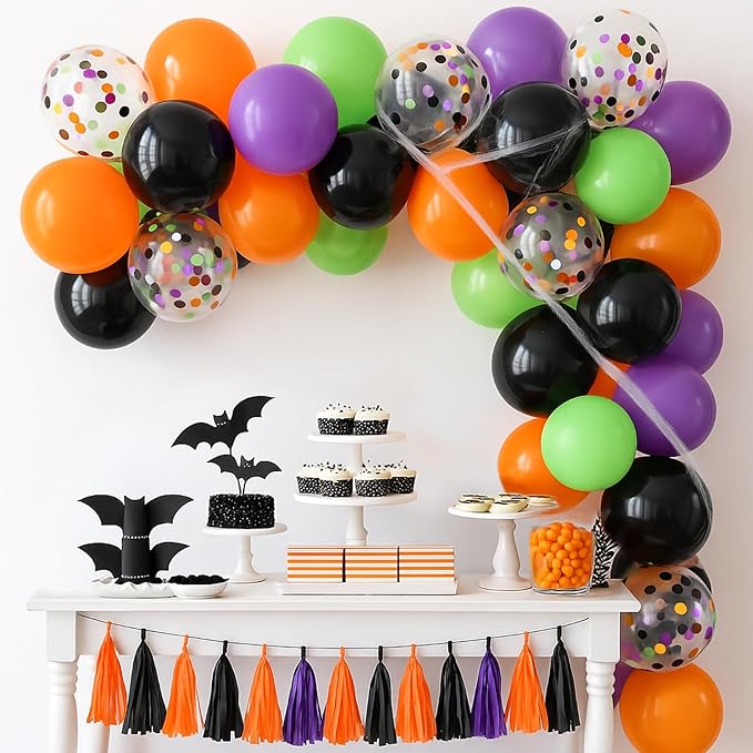 Patimate Halloween Decorations Balloons Set, 50 pcs 12 inch Purple Green Orange Black Confetti Latex Balloons Kit for Halloween Baby Shower Birthday Bachelorette Trick or Treat Party Supplies