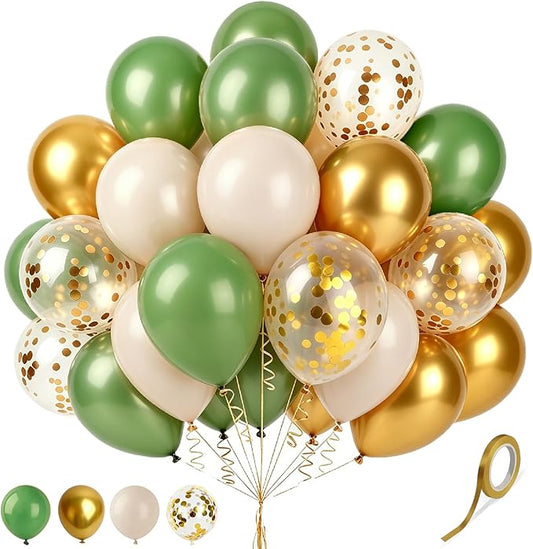 Sage Green Balloons Green and White balloon, 60 Pcs 12 Inch Latex Confetti Metallic Balloons with 1 Ribbon, Green and Gold Balloon for Birthday Wedding Bridal Shower Party Decorations