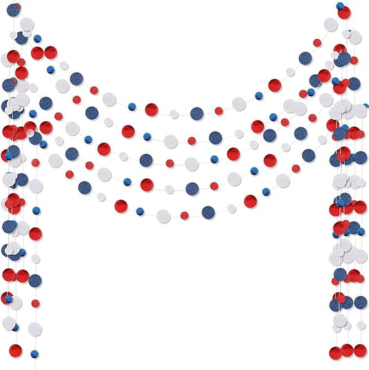 Outus 5 Pieces Blue,White,Red Round Dots Garland Graduation Party Hanging Decor Each Length 13.1ft Glitter Paper Dot Streamers for Birthday Wedding Classroom Supplies