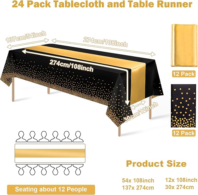 24Pack Disposable Plastic Tablecloths and Satin Table Runner Set Black Gold Dot Table Cloth Gold Satin Table Runner for Graduation Wedding Birthday Baby Shower Anniversary Holiday Party Decorations