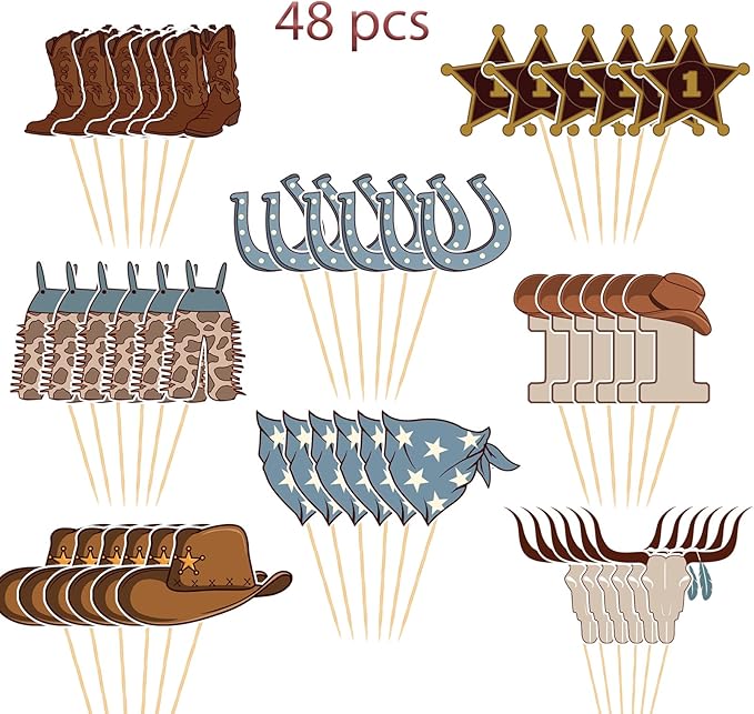 48 Pcs Cowboy 1st Birthday Cupcake Toppers My First Rodeo Birthday Party Deocration 1St Birthday Party Decorations for Boy baby shower Rodeo Theme Party Deocrations