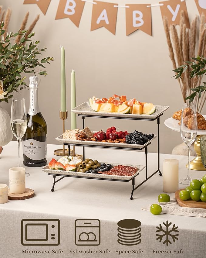 LAUCHUH 3 Tier Serving Tray, Porcelain Serving Platters and Trays for Party 12 Inch Tiered Tray Stand Cupcake Stand with Collapsible Sturdier Rack for Father's Day Serving Food, Speckled Glaze