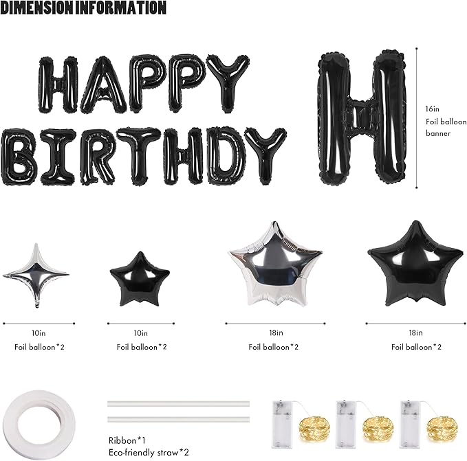 CANREVEL Happy Birthday Banner 13pcs 16 Inch Mylar Foil Letters Sign with 8pcs Star Balloons & LED Lights Birthday Party Decorations for Kids and Adults - 3D Black
