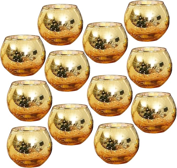 12 PCS/Set Gold Round Mercury Glass Candle Holders, Candle Holders for Table, Baby Shower,Anniversary, Wedding, Home Decor, Halloween, Christmas