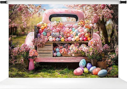 Kate Fabric Spring Easter Photo Backdrop Easter Truck Colorful Egg Flowers Photography Background Birthday Party Decoration Banner, 10x6.5ft