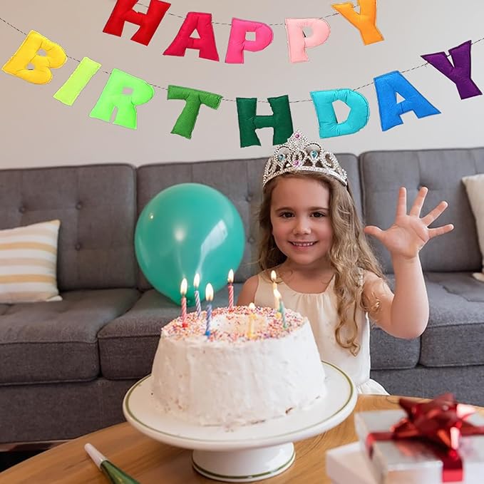 Happy Birthday Banner, Rainbow Color Felt Ball Garland Rainbow Decorations Personalized Sign for Birthday Decor Party Decor Photo Prop