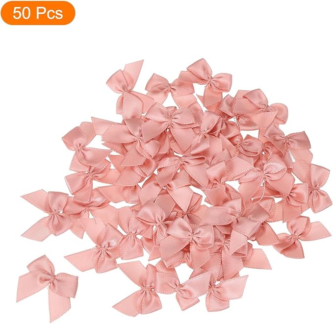 MECCANIXITY 50 Pcs Mini Ribbon Bow 1" Mini Fabric Satin Ribbon Flower Bows for Craft DIY Sewing Wedding Birthday Party Gift Wrap Bows Nude Pink