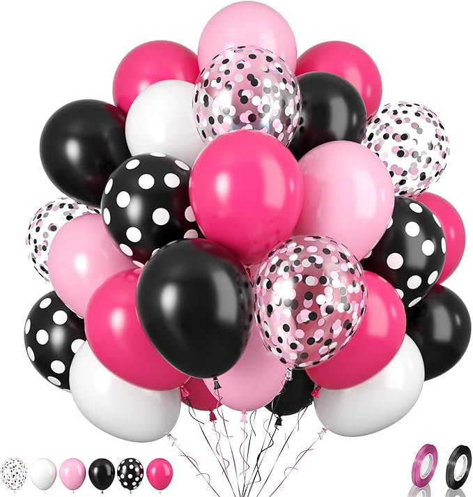 Pink Black Balloon Set, 60PCS Rose Red Black Birthday Balloons, 12 Inch Hot Pink White Latex Balloon Black Dots Pink Confetti Helium Balloons for Girls Theme Birthday Bridal Party Supplies