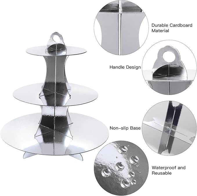 Soleebee 3-Tier Round Cupcake Stand, Cardboard Cupcake Tower, Dessert Cup Cake Stand Tower for Birthday Wedding Party Decoration, Cupcake Tier Stand 2 Set (Silver)