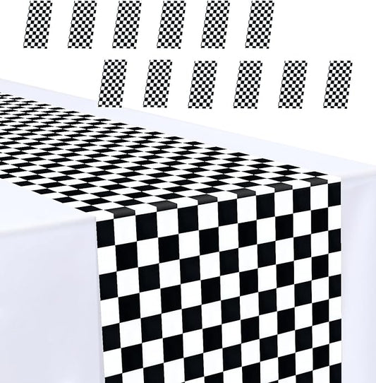 12 Pcs Black and White Checkered Table Runner 14 x 108 Plastic Table Runner for Race Car Theme Party Birthday Baby Shower Disposable Table Runner