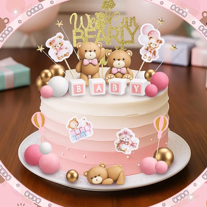 Beeveer 42 Pcs Bear Cake Toppers Bear Balls Cake Decorations Baby Shower Cupcake Toppers Candle Decorations Supplies for Birthday Party Wedding Baby Shower(Pink)