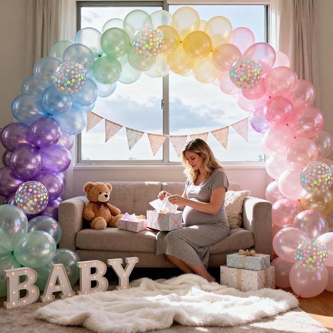 Pastel Rainbow Balloons, Pastel Color Balloons for Girls Birthday Decorations, Macaron Pink Light Purple Green Blue Yellow Colorful Balloon with Confetti Balloon for Baby Shower Wedding Party Decor